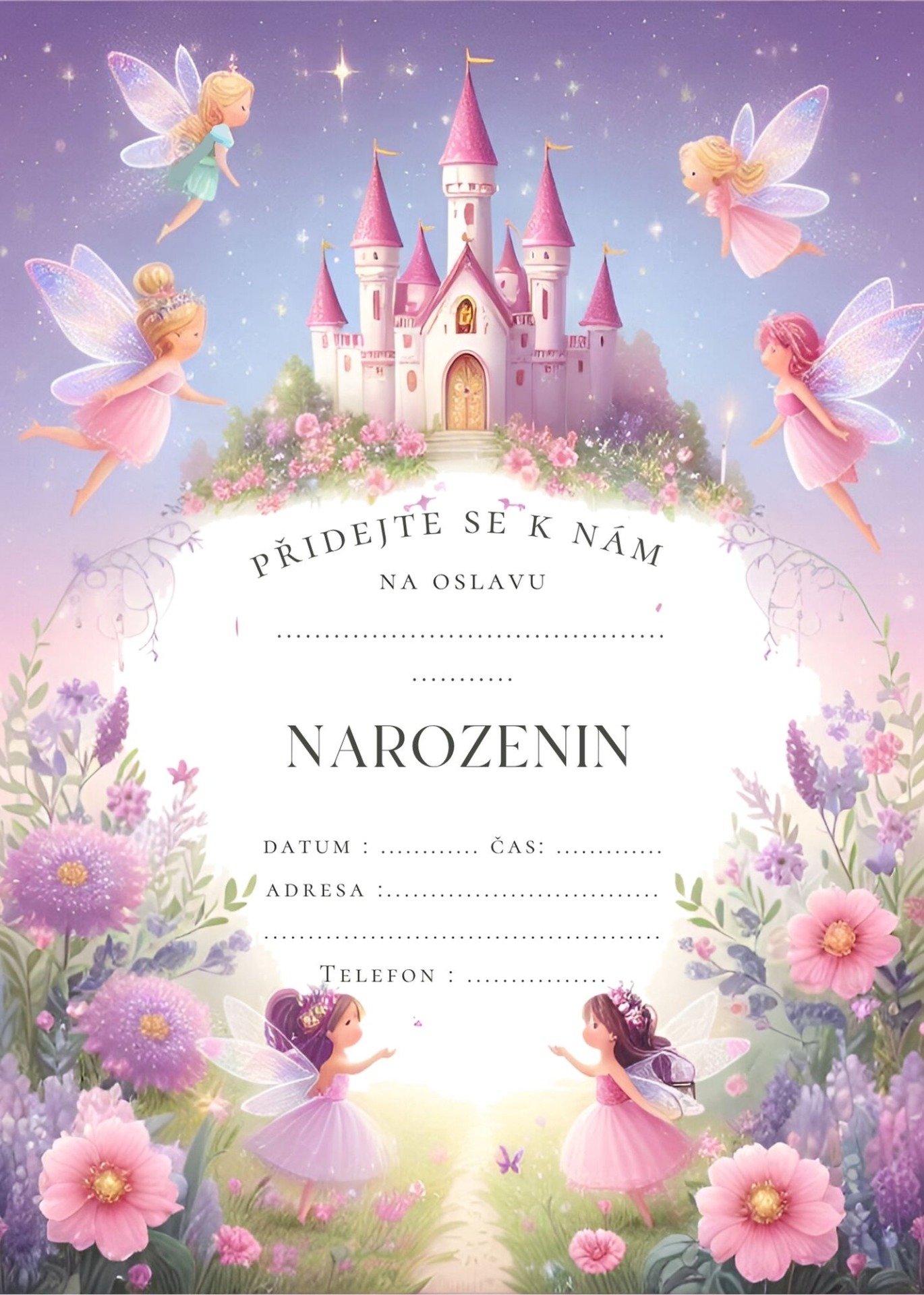 Narozeninové pozvánky víly, fialové,6 ks, A6, www.boome.cz