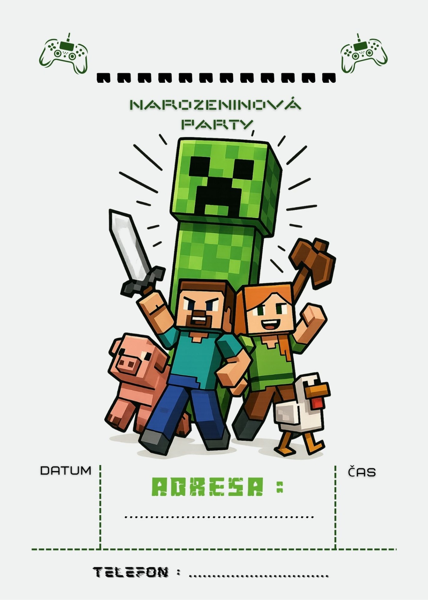 Narozeninové pozvánky Minecraft, 6 ks, A6, www.boome.cz