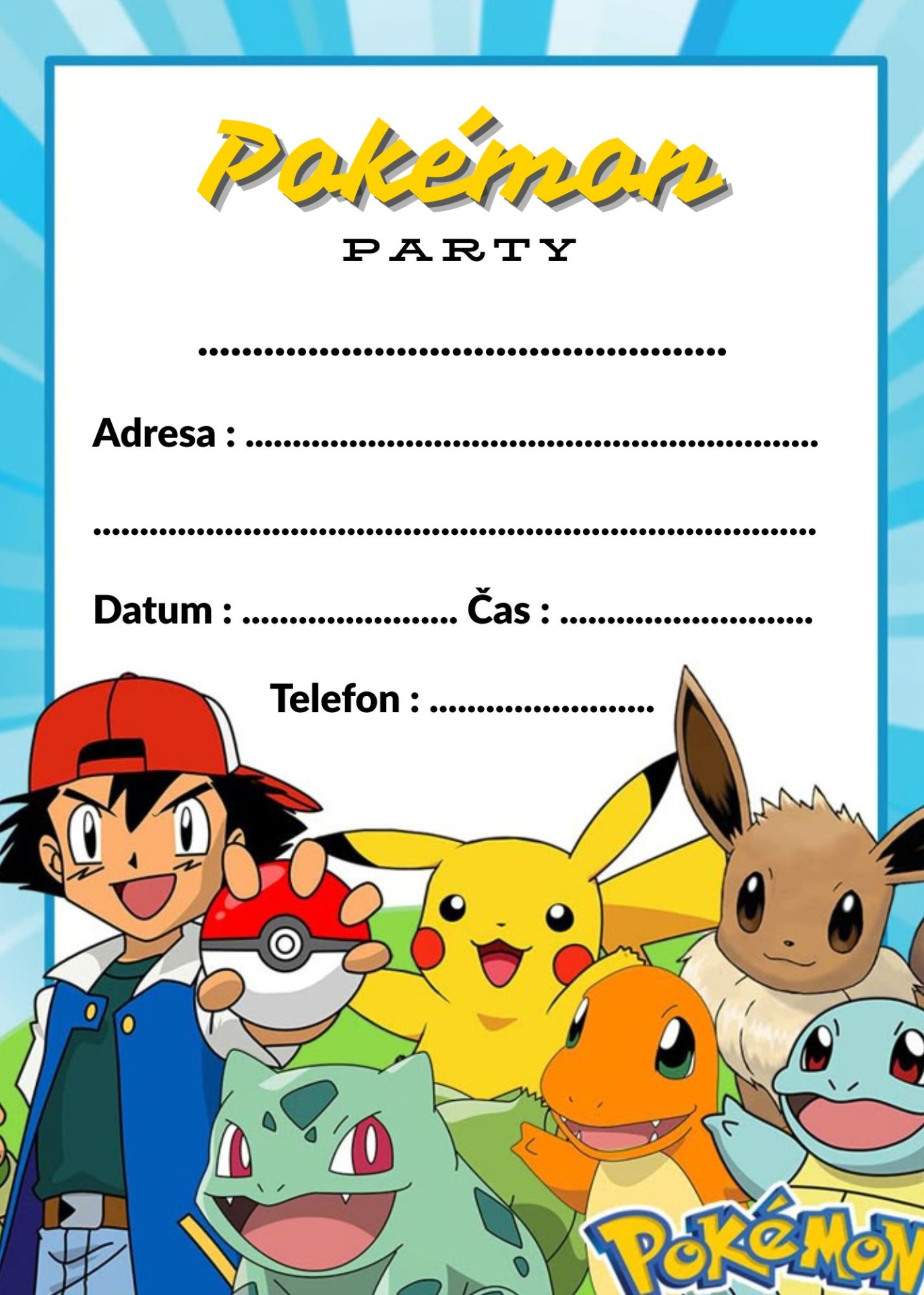 pozvánka pokemon modrý rámeček, www.boome.cz